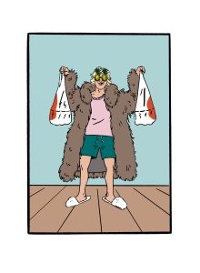 Illustrasjon av en ung mann i pelskåpe og undertøy med fulle poser i hendene